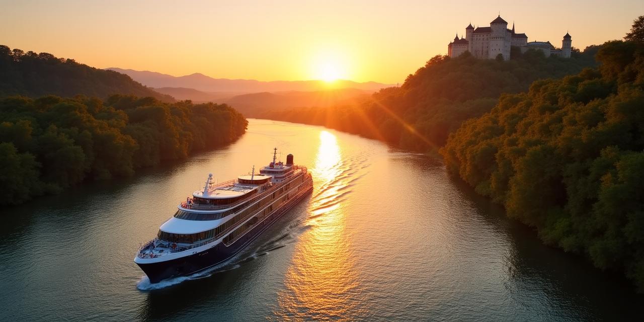 Veduta di una lussuosa nave da crociera fluviale che naviga davanti a un castello europeo al tramonto