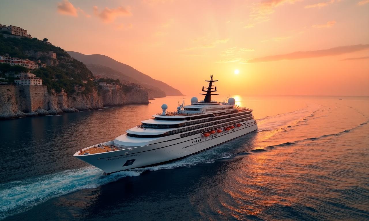 Nave da crociera di lusso al tramonto di fronte a coste storiche